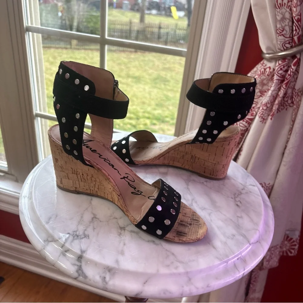 American Rag Black Studded Wedge Sandals Cork Heel Size 8